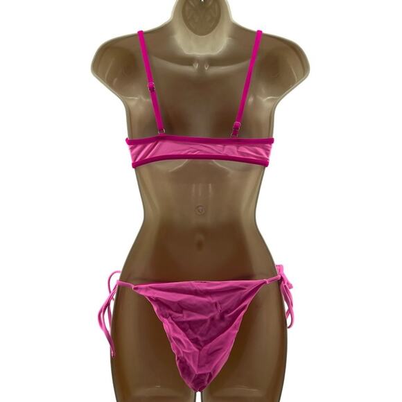 Two Tone Bright Pink String Bikini Set Womens Small  Matching - Picture 5 of 6